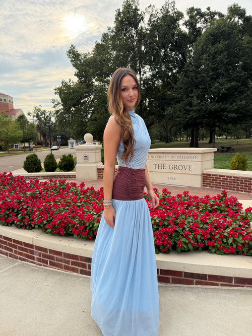 Blue Mesh Maxi Dress