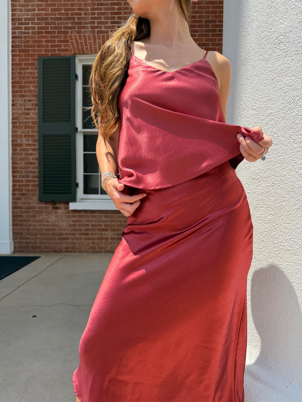 Red Satin Midi Set