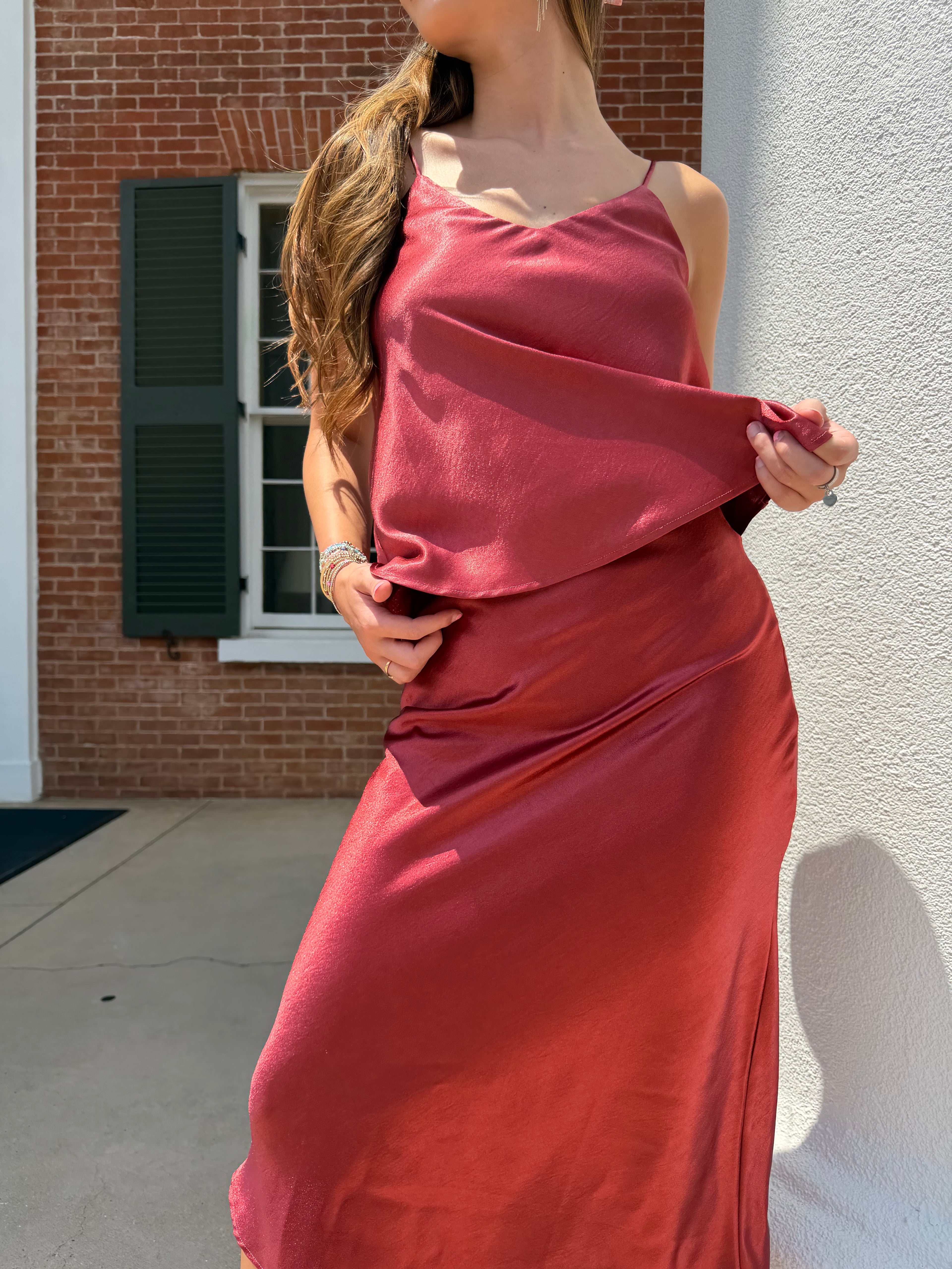 Red Satin Midi Set