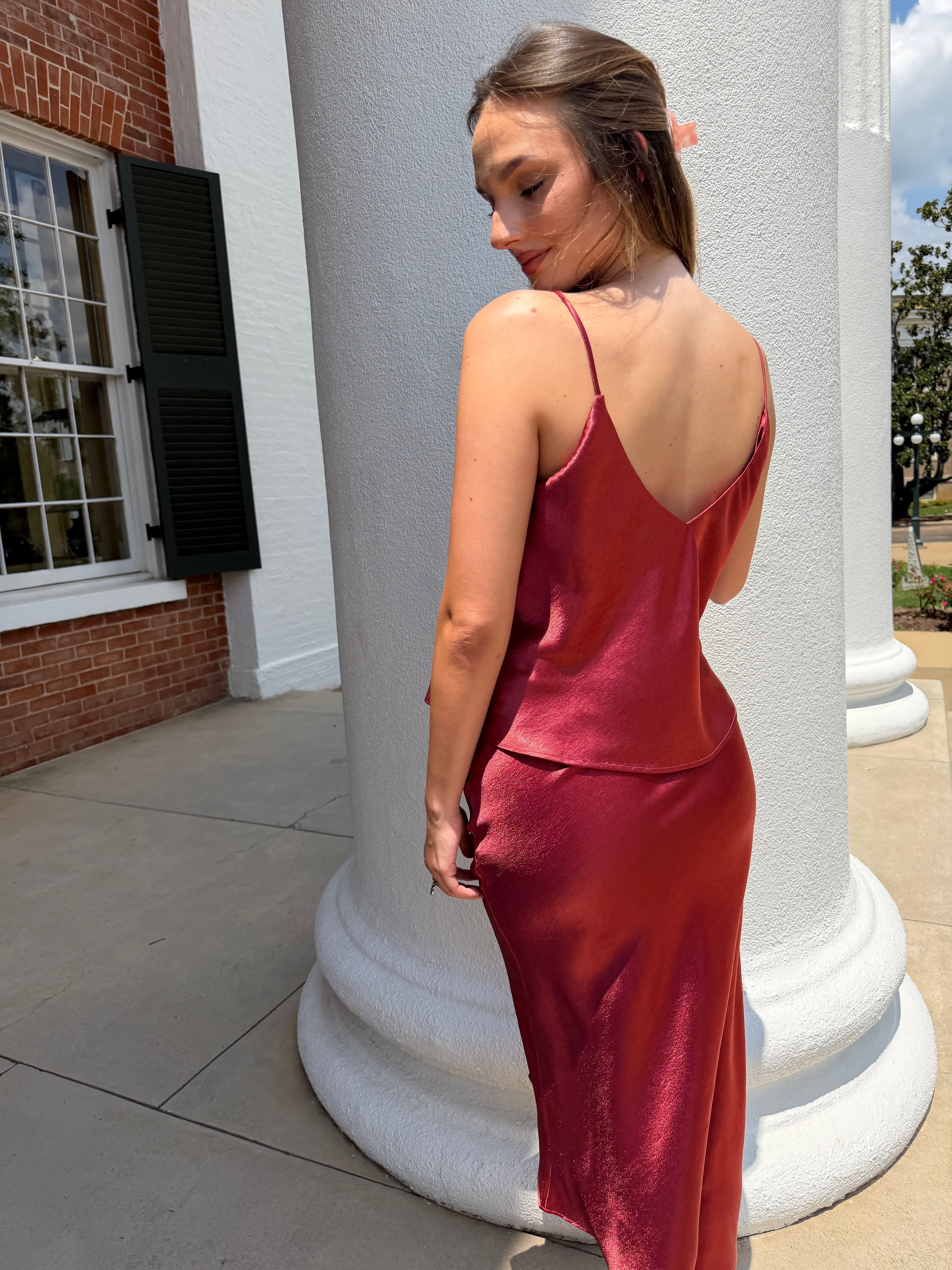 Red Satin Midi Set